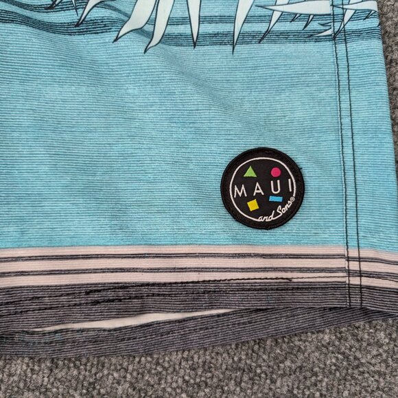 MAUI & SONS Board Short Men's 32 (34) Gray Blue 4 Way Stretch Logo Tie Waist - Picture 2 of 16